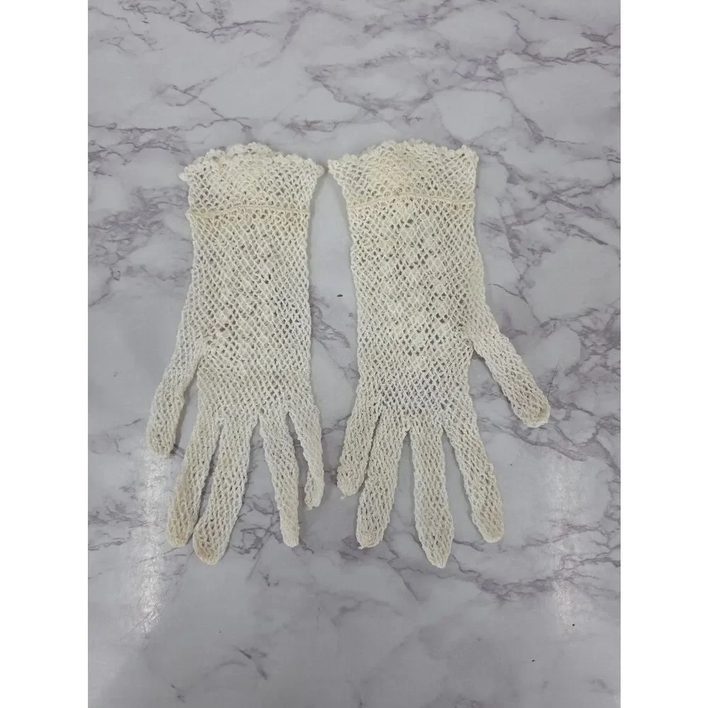 Vintage Crochet Lace Gloves Beaded with Rose Accent See Through